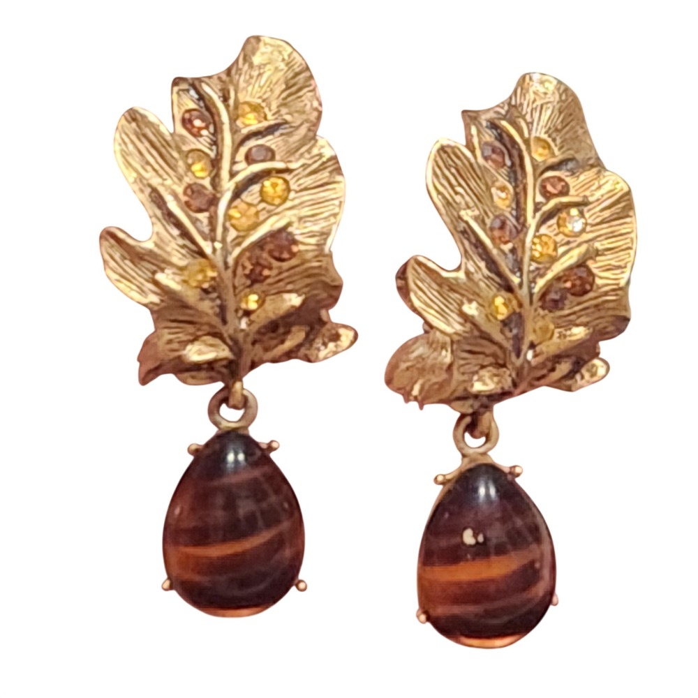Oscar de la Renta Gold Leaf Crystal Dangle Clip On Earring Amber Tiger Eye Resin